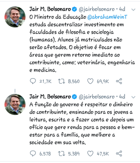 Presidente Jair Bolsonaro falou sobre a proposta em postagens no Twitter