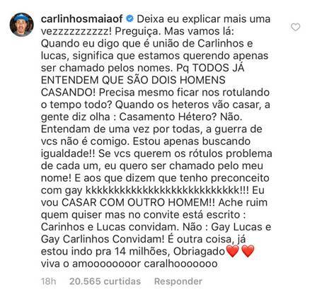 Comentário de Carlinhos Maia sobre as críticas a respeito de sua recusa ao ‘rótulo gay’
