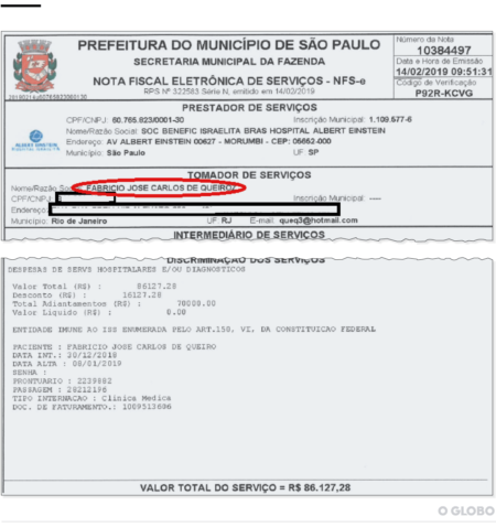 Documento do hospital referente a pagamento de cirurgia feita por Queiroz