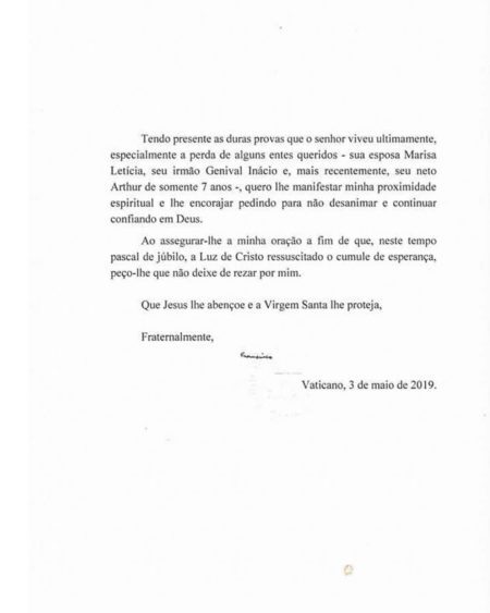 Carta do Papa Francisco ao ex-presidente Lula