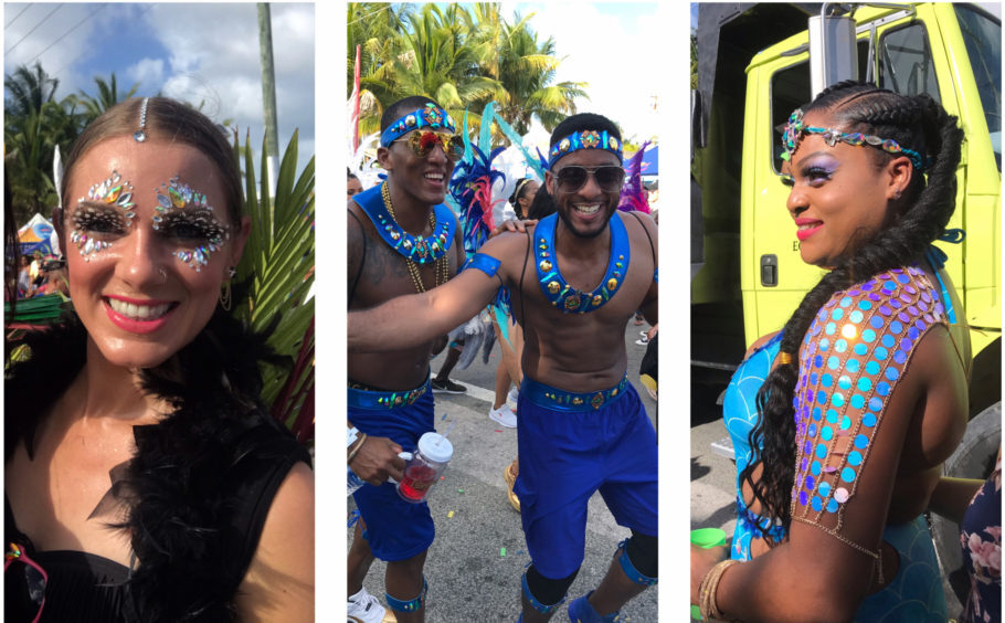 Foliões com maquiagens fantásticas curtem o Batabano, o Carnaval das Ilhas Cayman