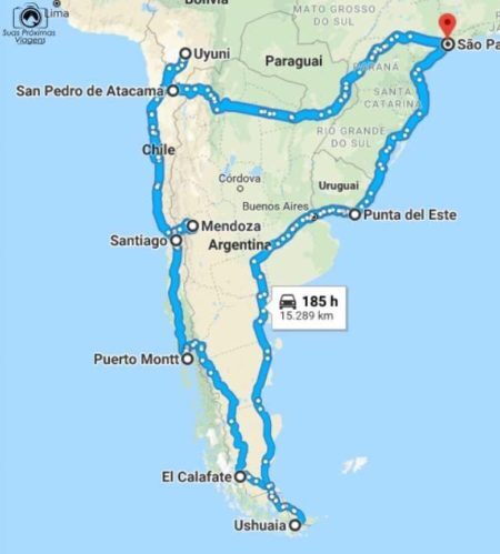 Mapa com a marcação do roteiro da road trip pela América do Sul
