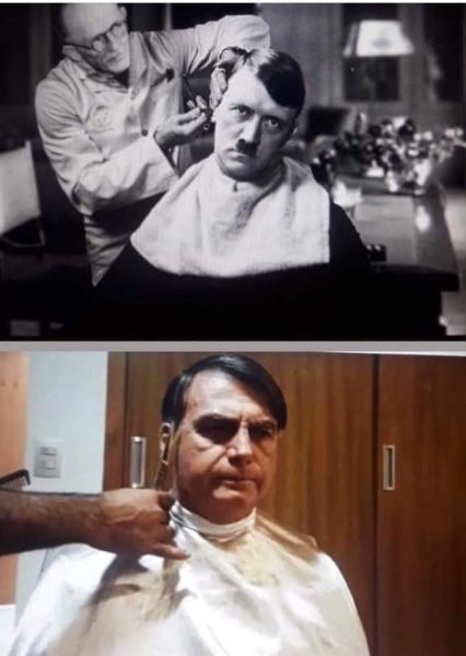 Hitler (acima) e Bolsonaro (abaixo) cortando os cabelos