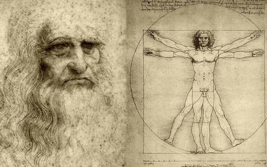 Provável autorretrato de Leonardo da Vinci (entre 1512 a 1515); estudo pioneiro das proporções humana (1490)