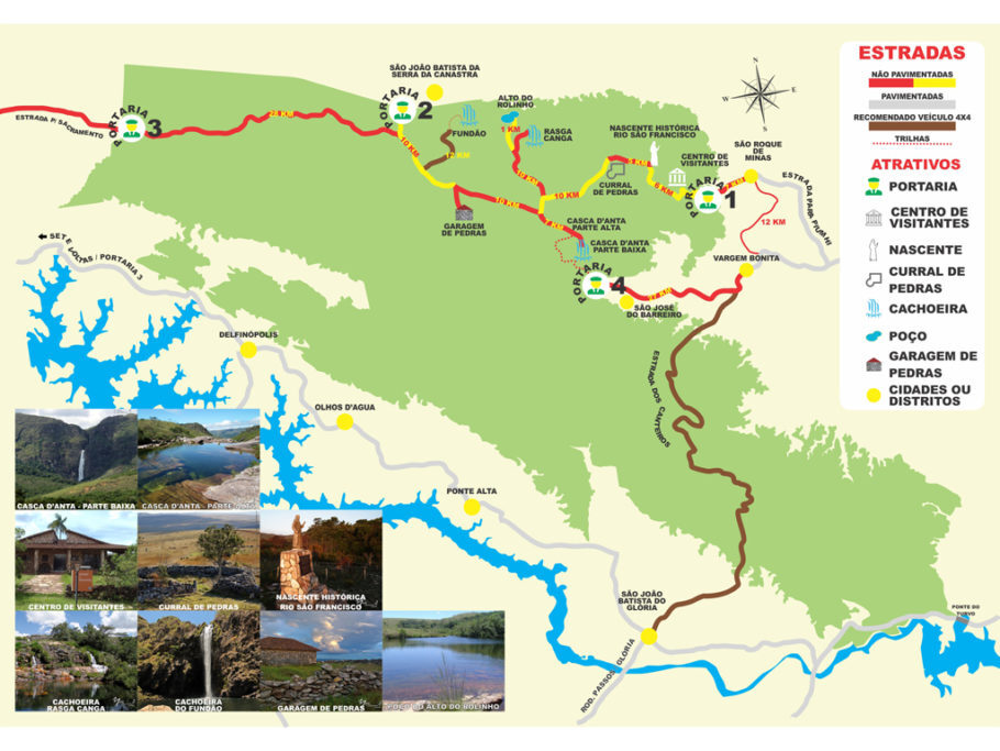Mapa com as entradas do Parque Nacional