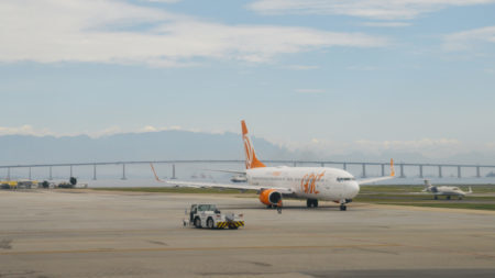 Santos Dumont Airport, Rio de Janeiro, Brazil – Dec 22, 2017: A Gol airline airplane taxiing at Rio de Janeiro’s Santos Dumont airport