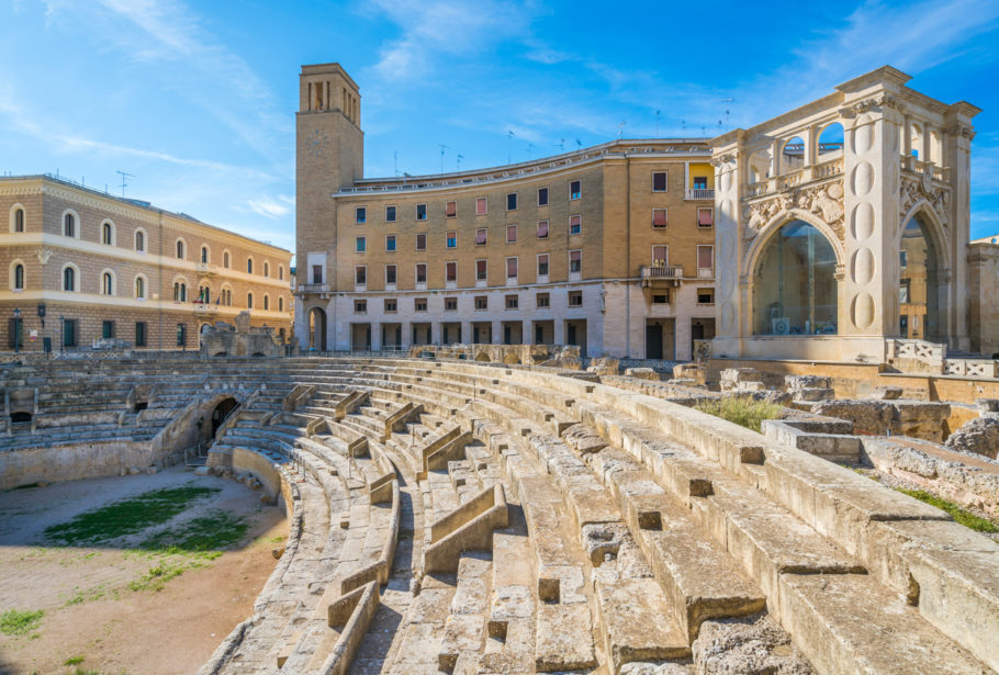 Vista do Anfiteatro Romano em Lecce, no sul da Itália