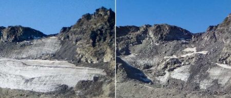 Imagens da geleira Pizol tiradas em 2006 (à esq.) e 2019 mostram os efeitos do aquecimento global