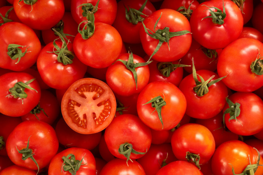 vários tomates em uma prateleira