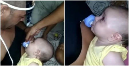 Pai usa da criatividade para conseguir amamentar o bebê: usou sutiã e colocou uma foto da mãe no rosto