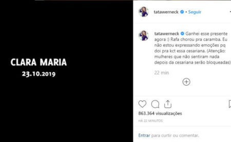 Clara Maria foi o nome escolhido por Tatá Werneck e Rafael Vitti