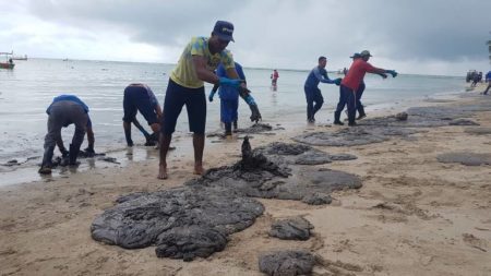 Voluntários e funcionários da prefeitura retiram mancha de óleo na praia dos Carneiros, em Tamandaré (PE)