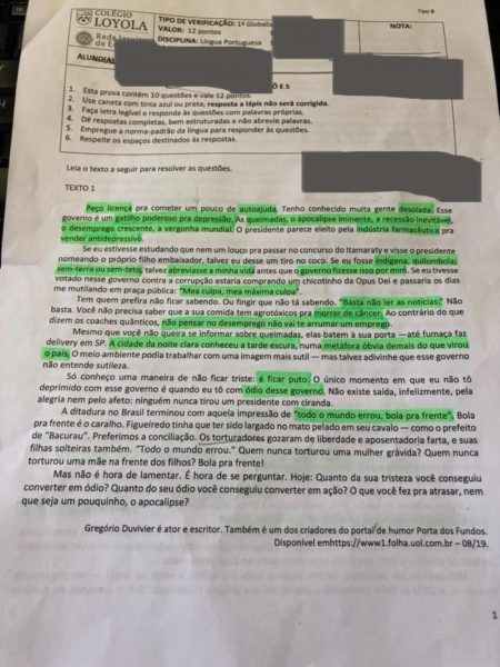 Colégio de BH anula prova com texto de Gregória Duvivier contra Bolsonaro