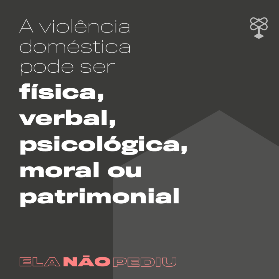 Arte com a frase: "a violência doméstica pode ser física, verbal, psicológica, moral ou patrimonial"