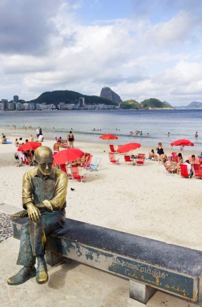 A famosa estátua de Carlos Drummond de Andrade fica no Posto 6 em Copacabana