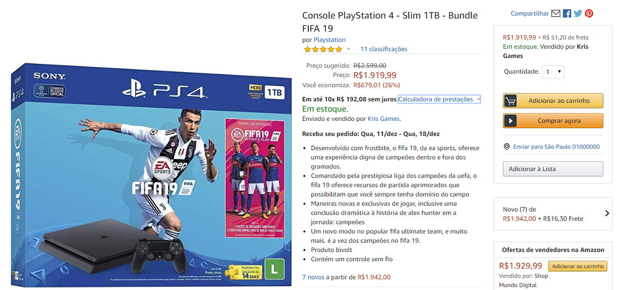 De R$ 2.599,00 por R$ 1.919,99 (desconto de 26%)