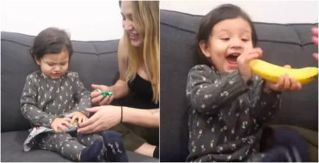 Menina de 2 anos ganhou banana como pegadinha, mas sua reação surpreendeu seus pais