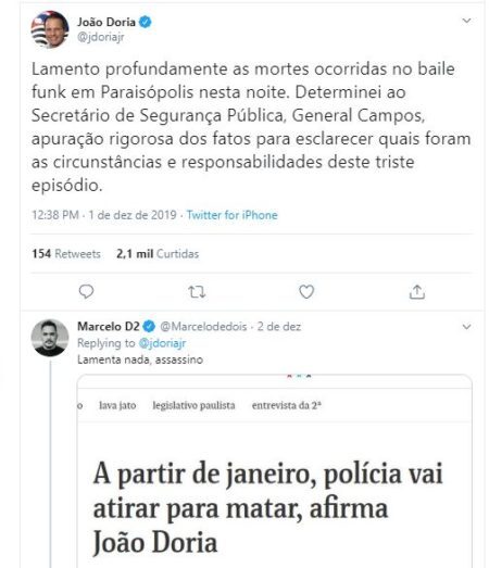 Marcelo D2 chamou João Doria de assassino