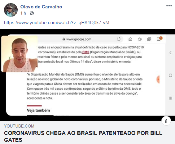 Post de Olavo de Carvalho no Facebook