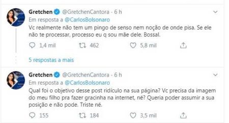 Tuítes de Gretchen reprovaram comportamento de Carlos Bolsonaro