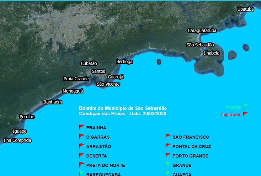 Mapa da Cetesb mostra a qualidade das praias do litoral de São Paulo