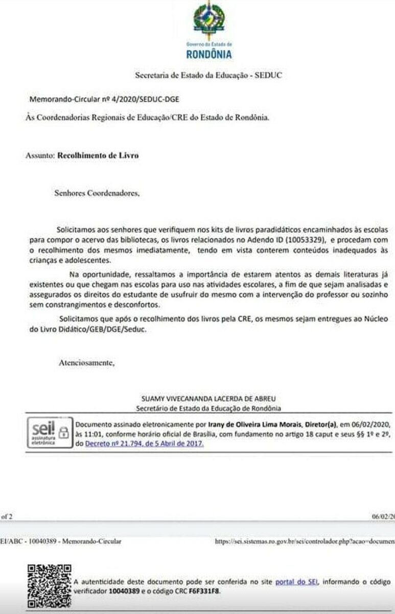 Cópia do memorando que solicita recolhimento imediato de 43 livros da rede de ensino de Rondônia