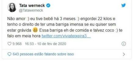 Tatá Werneck usou o Twitter para rebater uma crítica sobre seu corpo após dar à luz