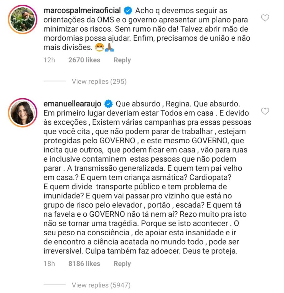 Os atores Emanuelle Araújo e Marcos Palmeira rebaterem falar de Regina Duarte