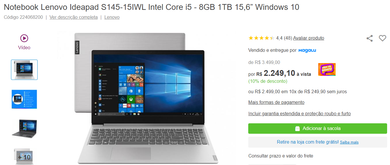 Notebook R$ 1.249 mais barato