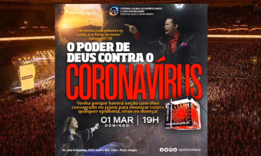 Cartaz da igreja Catedral Global do Espírito Santo anunciando culto que prometeu unção contra coronavírus.