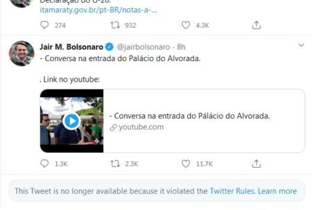 Pela primeira vez, Twitter apaga postagem de Bolsonaro
