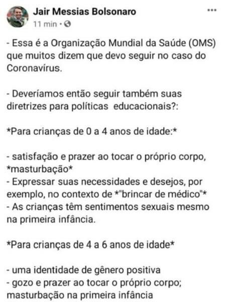 Bolsonaro diz que OMS incentiva masturbação e homossexualidade para crianças