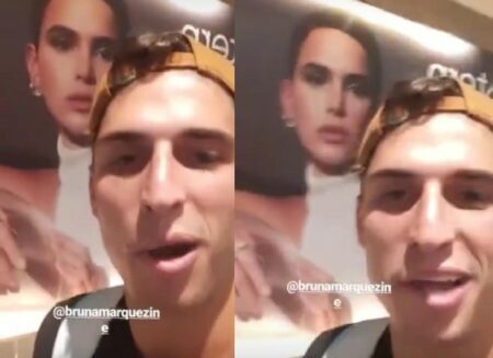 Felipe Prior encontrou um banner com a foto de Bruna Marquezine e fez uma brincadeira com a atriz