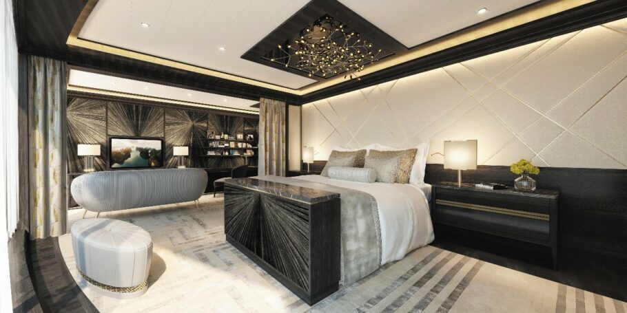 Cama da Regent Suite, do Seven Seas Splendor, o navio mais luxuoso do mundo