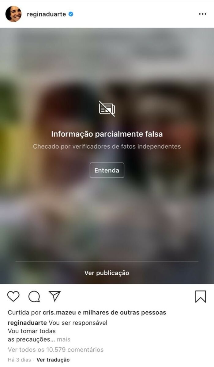 Aviso de “notícia parcialmente falsa” colocado pelo Instagram no perfil de Regina Duarte