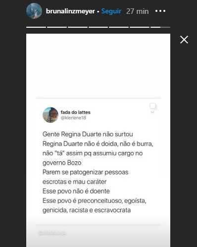 Bruna Linzmeyer compartilhou críticas sobre Regina Duarte
