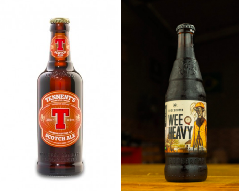 A Tennent’s Scotch Ale (à esq.), feita em Glasgow, é bem fácil de encontrar por aqui em lojas especializadas