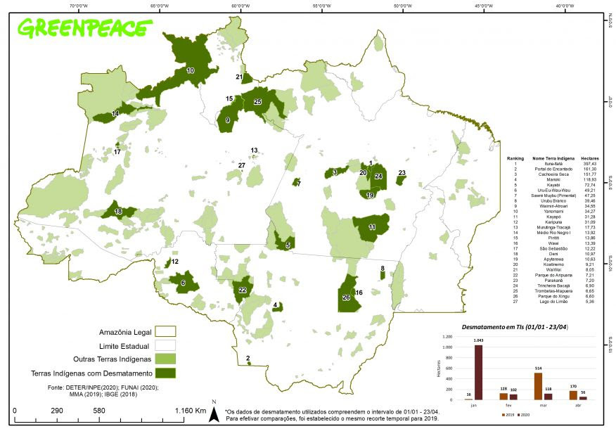 mapa mostra desmatamento em terras indígenas