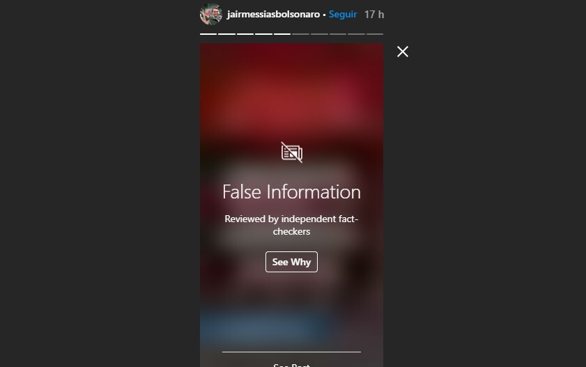 Instagram marcou a publicação do presidente Bolsonaro com um ‘alerta de fake news’.