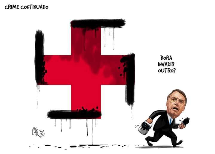 A charge mostra Bolsonaro pintando uma suástica em uma cruz vermelha