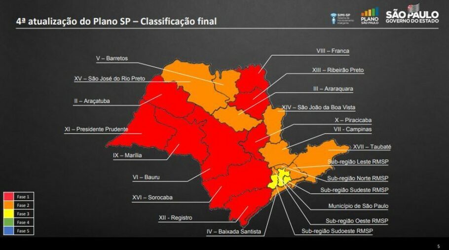 Novo mapa atualizado com a situação das regiões do estado no Plano São Paulo de flexibilização da quarentena