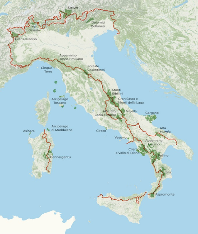 Traçado da megatrilha Sentiero dei Parchi, que irá conectar todos os 25 parques nacionais da Itália