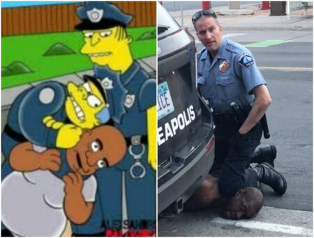 Policial branco asfixiando homem preto nos Simpsons / na vida real