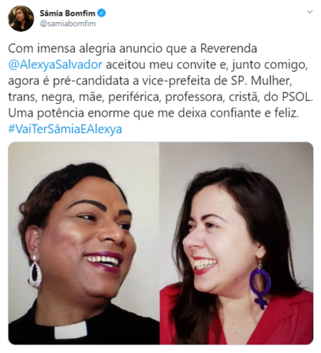 Sâmia Bomfim anuncia pastora trans como sua candidata à vice-prefeita de São Paulo