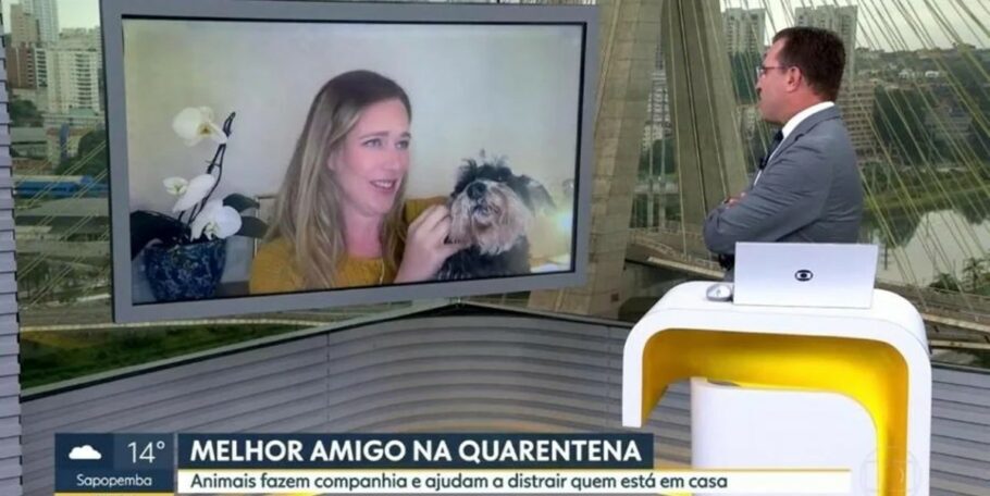 Apresentador Rodrigo Bocardi bate-papo com cachorro da repórter Natália Ariede e diverte telespectadores