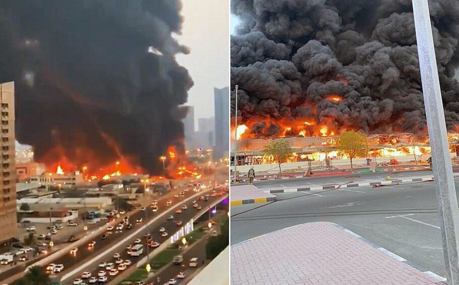 Fogo consome mercado na cidade de Ajman, nos Emirados Árabes Unidos