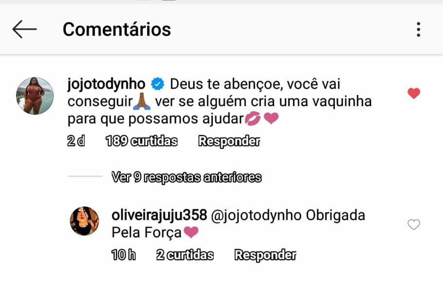 Jojo Todynho comentou a publicação de Juju