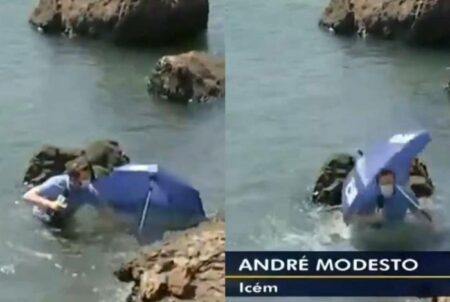 Jornalista da Globo cai em rio durante reportagem ao vivo sobre chuvas