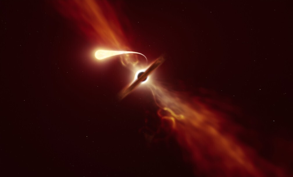 Concepção artística mostra estrela (em primeiro plano) sendo ‘espaguetificada’ enquanto é engolida por um buraco negro supermassivo