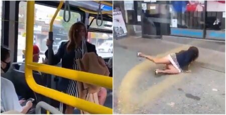Mulher é empurrada para fora do ônibus após cuspir em passageiro